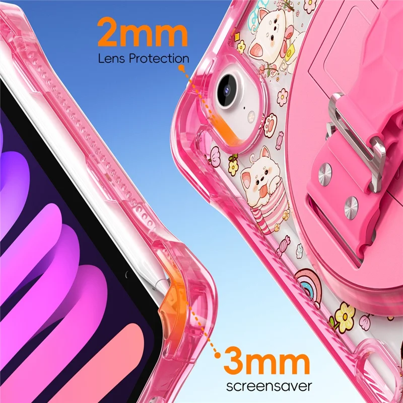 Für iPad mini (2024) / (2021) Hülle Ständer Handschlaufe Prägung PC TPU Acryl Abdeckung mit Schultergurt - Pink