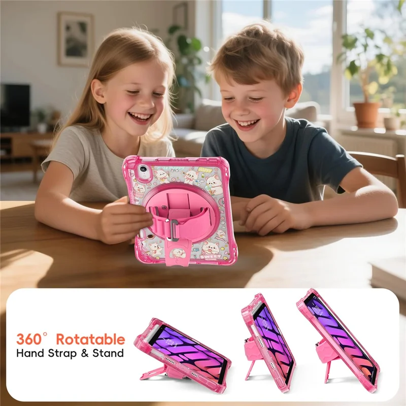 Für iPad mini (2024) / (2021) Hülle Ständer Handschlaufe Prägung PC TPU Acryl Abdeckung mit Schultergurt - Pink