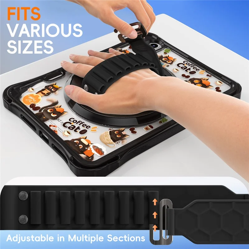 For iPad mini (2024) / (2021) Case Kickstand Hand Strap Imprint PC TPU Acrylic Cover with Shoulder Strap - Black