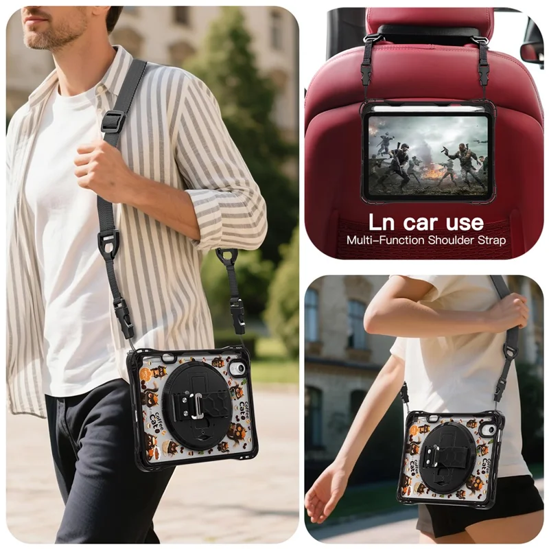 For iPad mini (2024) / (2021) Case Kickstand Hand Strap Imprint PC TPU Acrylic Cover with Shoulder Strap - Black