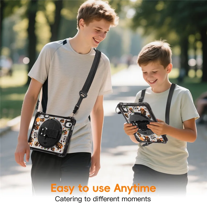 For iPad mini (2024) / (2021) Case Kickstand Hand Strap Imprint PC TPU Acrylic Cover with Shoulder Strap - Black