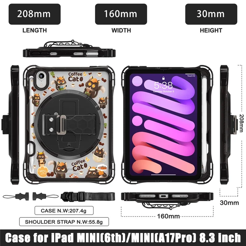 For iPad mini (2024) / (2021) Case Kickstand Hand Strap Imprint PC TPU Acrylic Cover with Shoulder Strap - Black