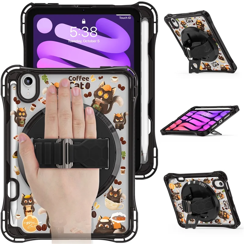 For iPad mini (2024) / (2021) Case Kickstand Hand Strap Imprint PC TPU Acrylic Cover with Shoulder Strap - Black