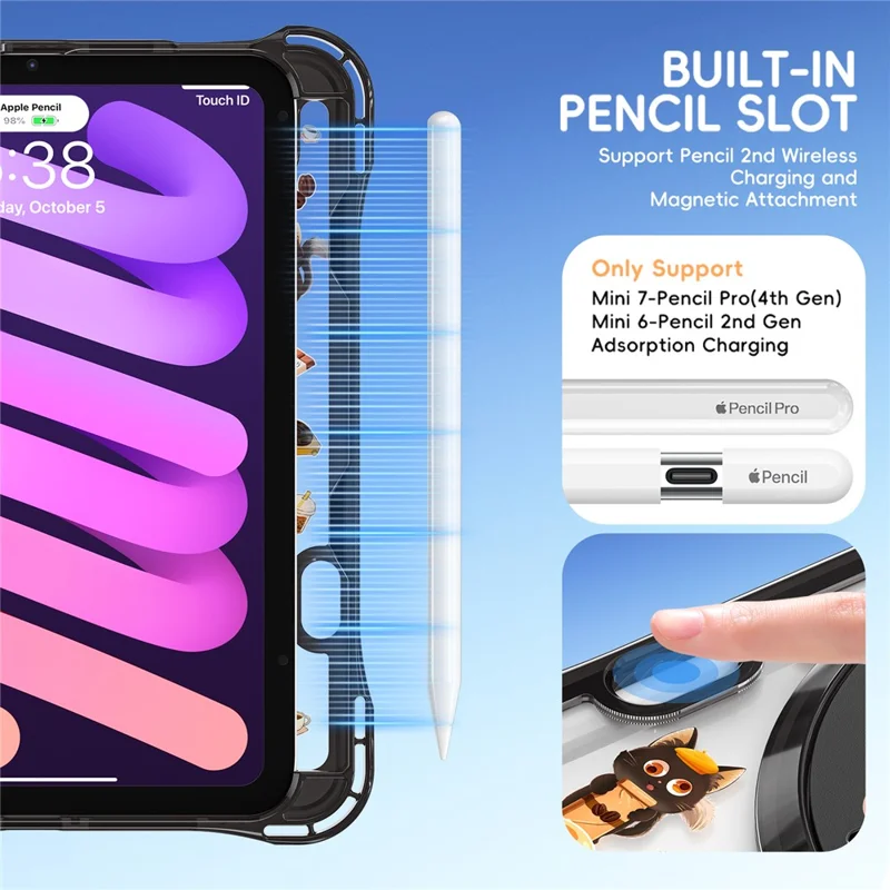 For iPad mini (2024) / (2021) Case Kickstand Hand Strap Imprint PC TPU Acrylic Cover with Shoulder Strap - Black