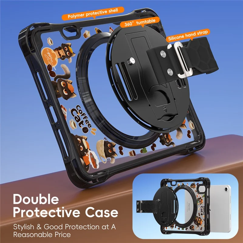 For iPad mini (2024) / (2021) Case Kickstand Hand Strap Imprint PC TPU Acrylic Cover with Shoulder Strap - Black