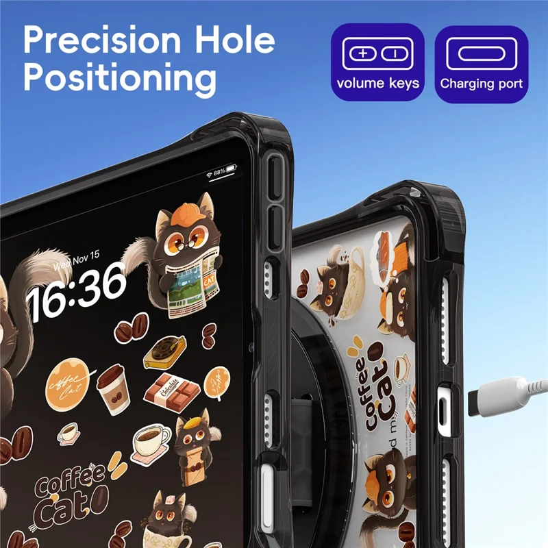For iPad mini (2024) / (2021) Case Kickstand Hand Strap Imprint PC TPU Acrylic Cover with Shoulder Strap - Black