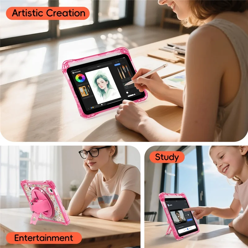 For iPad mini (2024) / (2021) Case Kickstand Hand Strap Imprint PC + TPU + Acrylic Tablet Cover - Pink
