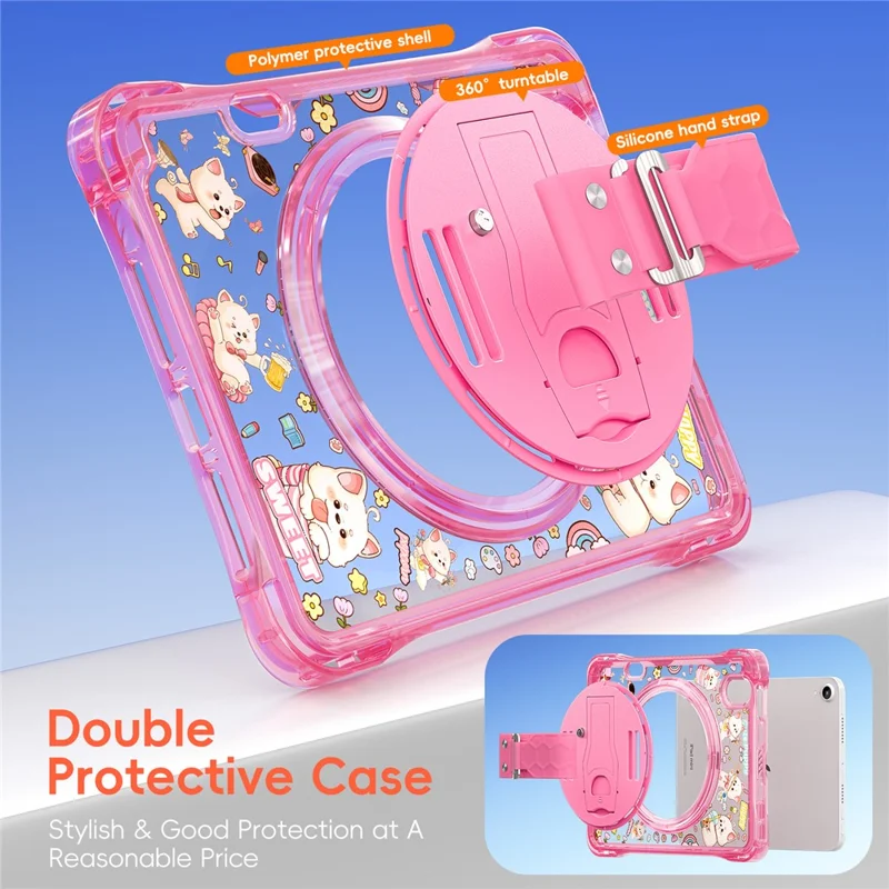 For iPad mini (2024) / (2021) Case Kickstand Hand Strap Imprint PC + TPU + Acrylic Tablet Cover - Pink