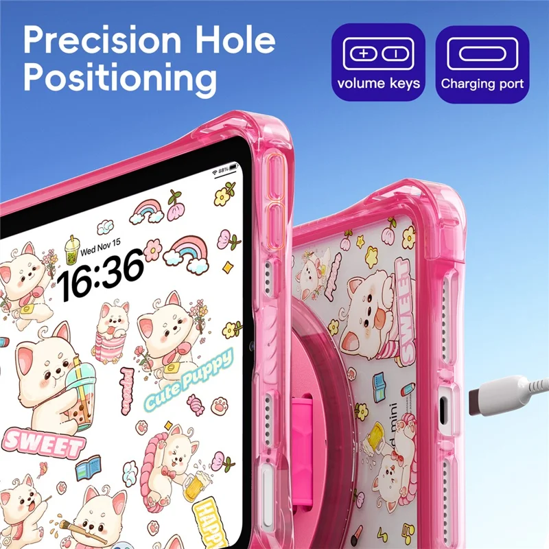 For iPad mini (2024) / (2021) Case Kickstand Hand Strap Imprint PC + TPU + Acrylic Tablet Cover - Pink