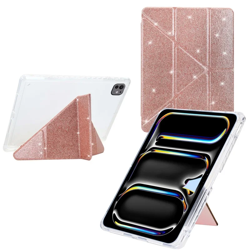 Hülle für iPad Pro 11 (2024) Y-Fold Ständer Glitzer Leder TPU Acryl Transparente Tablet Schutzhülle - Roségold
