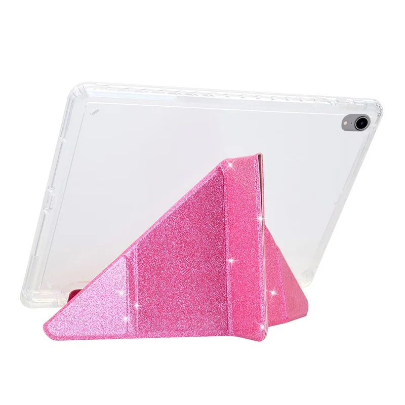 For iPad (2025)  /  10.9 (2022) Case Y-Fold Stand Glitter Leather TPU Acrylic Clear Tablet Cover - Pink