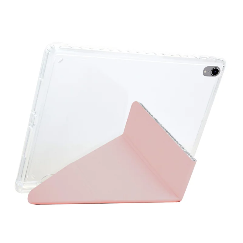 For iPad (2025)  /  10.9 (2022) Case Y-Fold Stand Glitter Leather TPU Acrylic Clear Tablet Cover - Pink