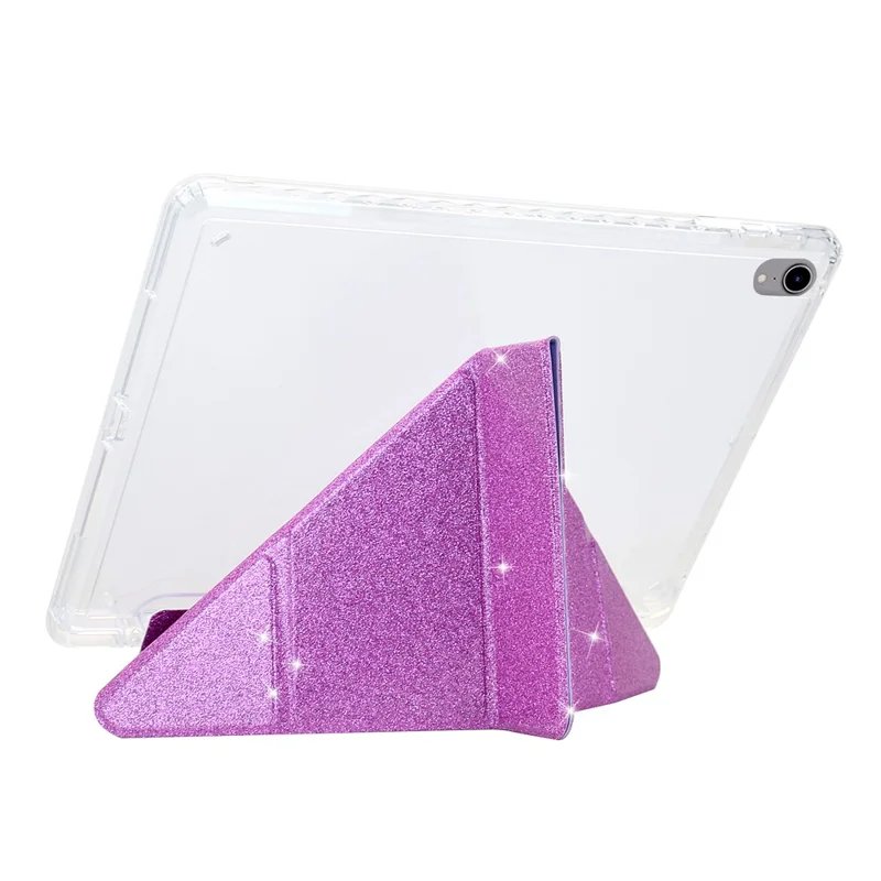 For iPad (2025)  /  10.9 (2022) Case Y-Fold Stand Glitter Leather TPU Acrylic Clear Tablet Cover - Purple