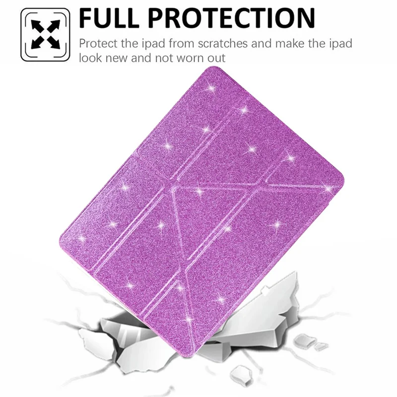 For iPad (2025)  /  10.9 (2022) Case Y-Fold Stand Glitter Leather TPU Acrylic Clear Tablet Cover - Purple