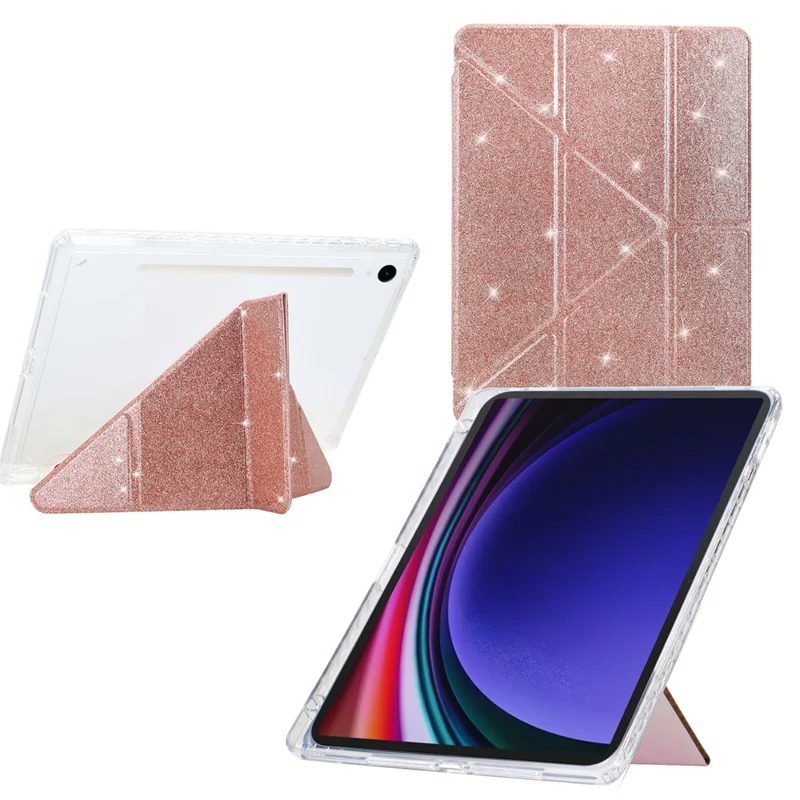 Tablet Case For Samsung Galaxy Tab S10 FE  /  S9 FE  /  S9 Y-Fold Stand Glitter Leather TPU Acrylic Clear Cover - Rose Gold