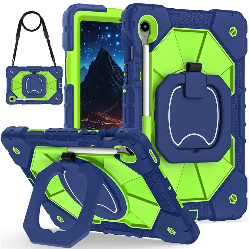 For Samsung Galaxy Tab S10 Lite / S10 FE / S9 FE / S9 Case Silicone + PC Kickstand Tablet Cover - Navy Blue / Yellowgreen