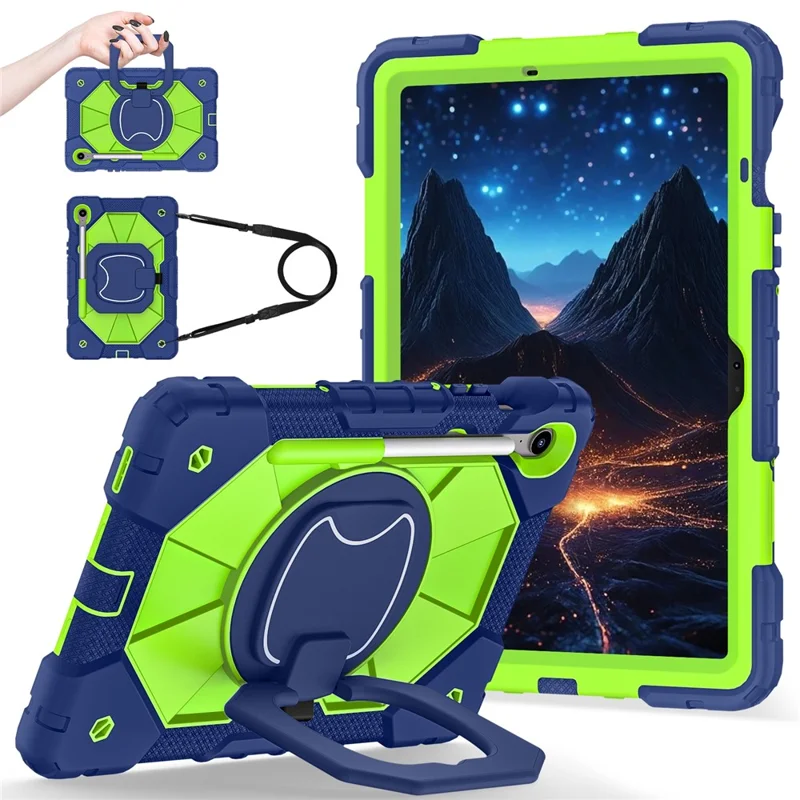 For Samsung Galaxy Tab S10 Lite / S10 FE / S9 FE / S9 Case Silicone + PC Kickstand Tablet Cover - Navy Blue / Yellowgreen