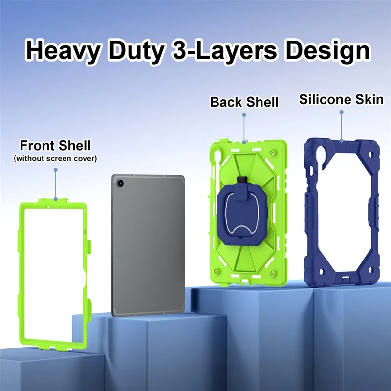 For Samsung Galaxy Tab S10 Lite / S10 FE / S9 FE / S9 Case Silicone + PC Kickstand Tablet Cover - Navy Blue / Yellowgreen