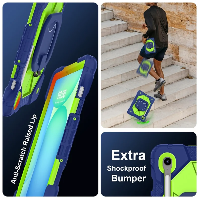 For Samsung Galaxy Tab S10 Lite / S10 FE / S9 FE / S9 Case Silicone + PC Kickstand Tablet Cover - Navy Blue / Yellowgreen
