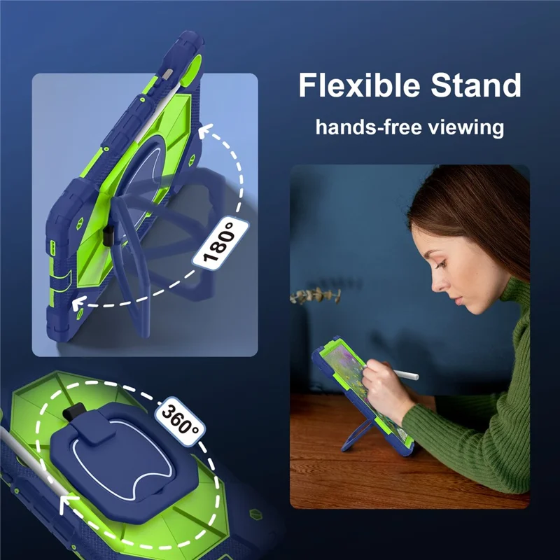 For Samsung Galaxy Tab S10 Lite / S10 FE / S9 FE / S9 Case Silicone + PC Kickstand Tablet Cover - Navy Blue / Yellowgreen