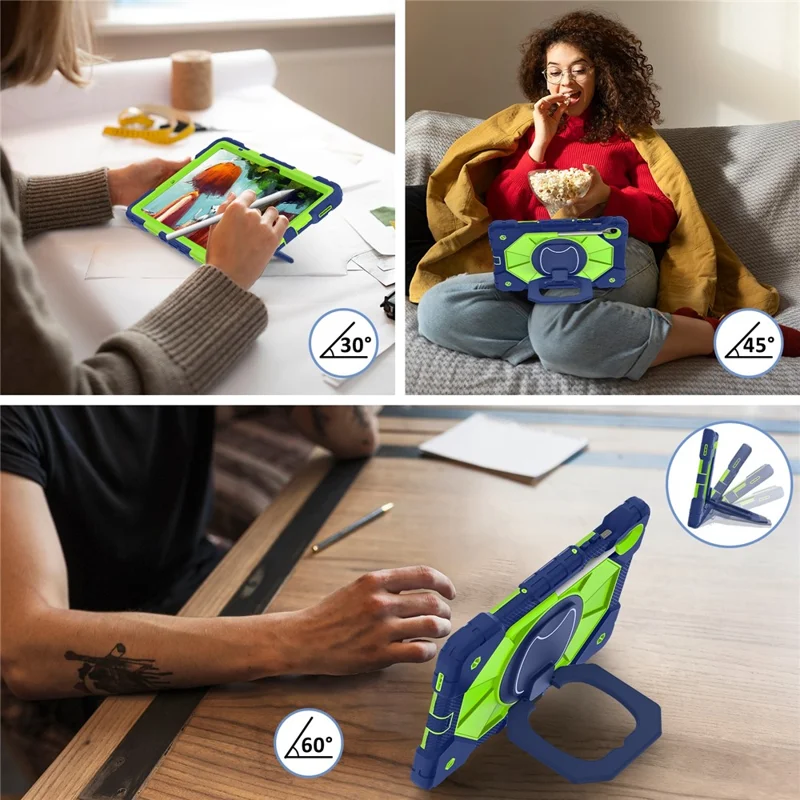 For Samsung Galaxy Tab S10 Lite / S10 FE / S9 FE / S9 Case Silicone + PC Kickstand Tablet Cover - Navy Blue / Yellowgreen