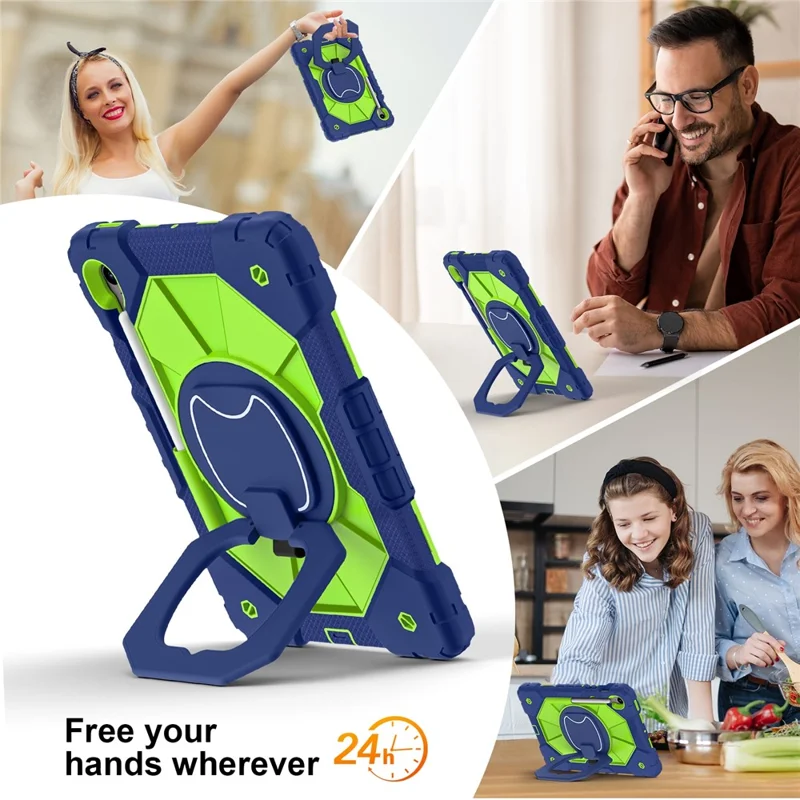 For Samsung Galaxy Tab S10 Lite / S10 FE / S9 FE / S9 Case Silicone + PC Kickstand Tablet Cover - Navy Blue / Yellowgreen
