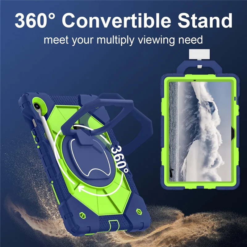 For Samsung Galaxy Tab S10 Lite / S10 FE / S9 FE / S9 Case Silicone + PC Kickstand Tablet Cover - Navy Blue / Yellowgreen