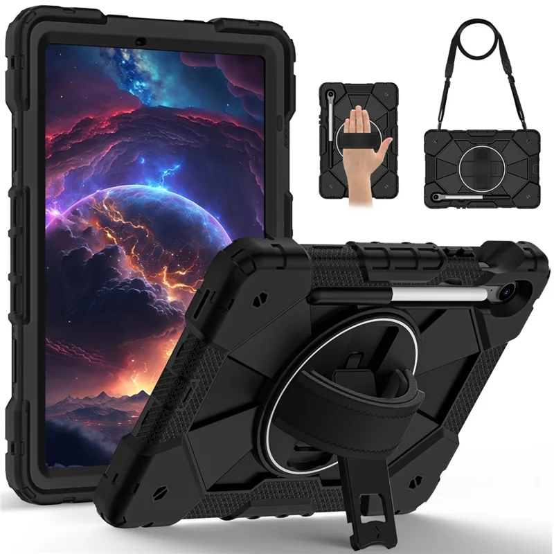 Чехол для Samsung Galaxy Tab S10 FE / S9 FE / S9 с силиконовой + ПК подставкой, с удобным ремешком - Черный / Черный