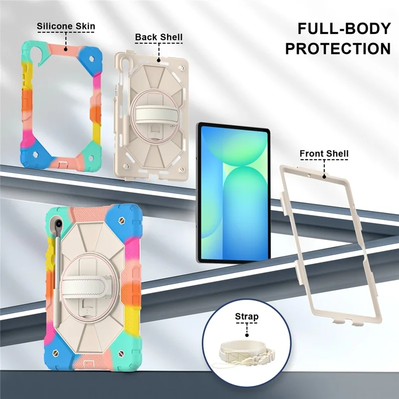 For Samsung Galaxy Tab S10 FE / S9 FE / S9 Case Silicone + PC Kickstand Tablet Cover with Handy Strap - Colorful Blue
