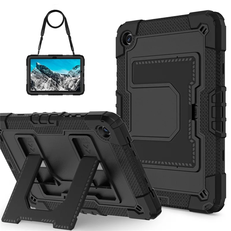 Für Samsung Galaxy Tab A9+ Hülle mit Ständer Gurt Anti-Drop PC + Silikon Tablet Abdeckung - Schwarz / Schwarz