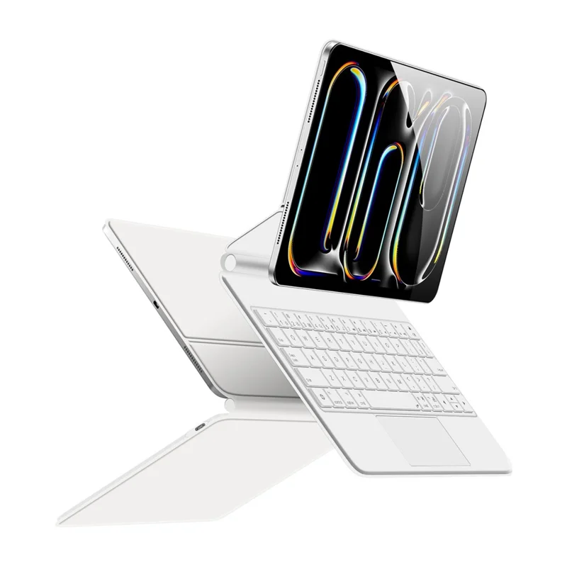 Teclado de conexión directa con pines Pogo para iPad Pro 11 (2024) + Funda de cuero para tablet - Blanco