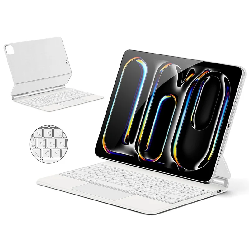 For iPad Pro 11 (2025) / (2024) Smart Pogo Pin Direct Connection Keyboard (Arabic Layout) + Leather Tablet Case - White