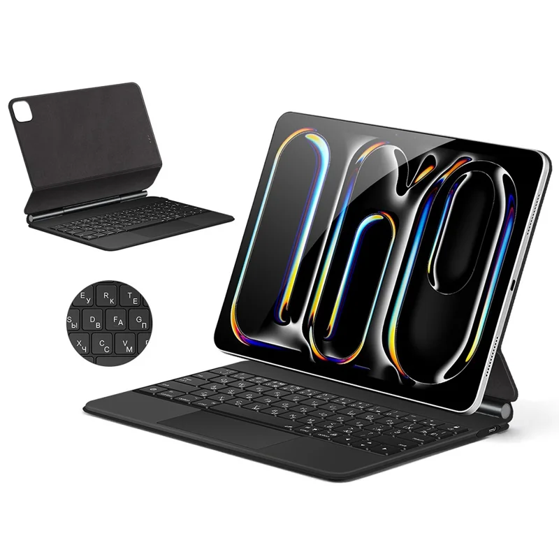Für iPad Pro 13 (2024) Smart Pogo Pin Direktverbindungs-Tastatur (Russisches Layout) + Leder Tablet Hülle - Schwarz