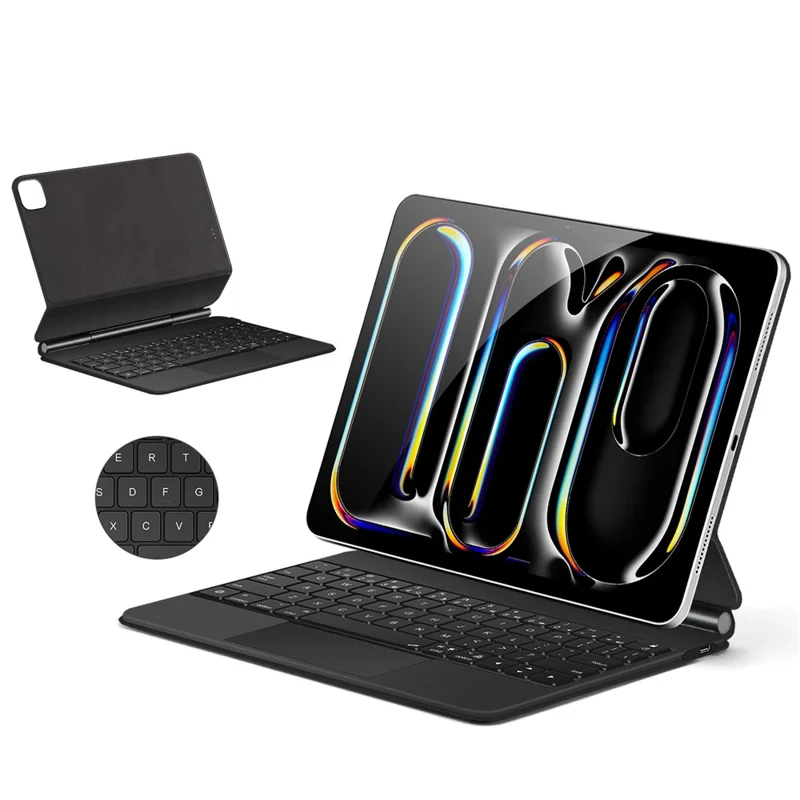 Für iPad Pro 13 (2024) Intelligente Pogo-Pin-Direktverbindungs-Tastatur + Ledertasche - Schwarz