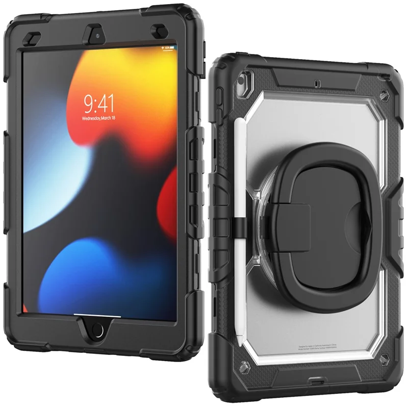 For iPad 10.2 (2021) / (2019) / (2020) Kickstand Case PC + Silicone Tablet Cover with Shoulder Strap