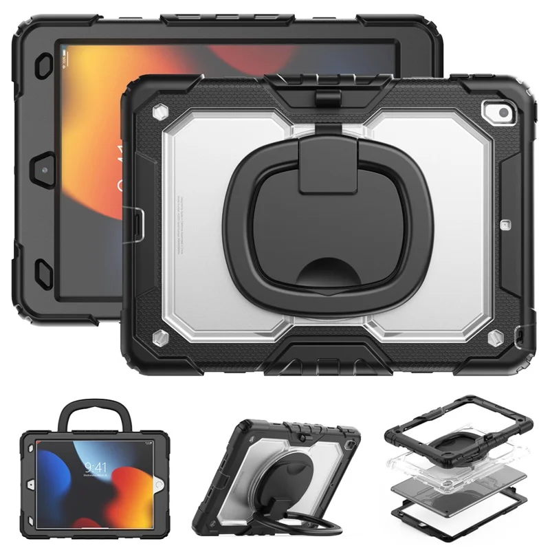 For iPad 10.2 (2021) / (2019) / (2020) Kickstand Case PC + Silicone Tablet Cover with Shoulder Strap