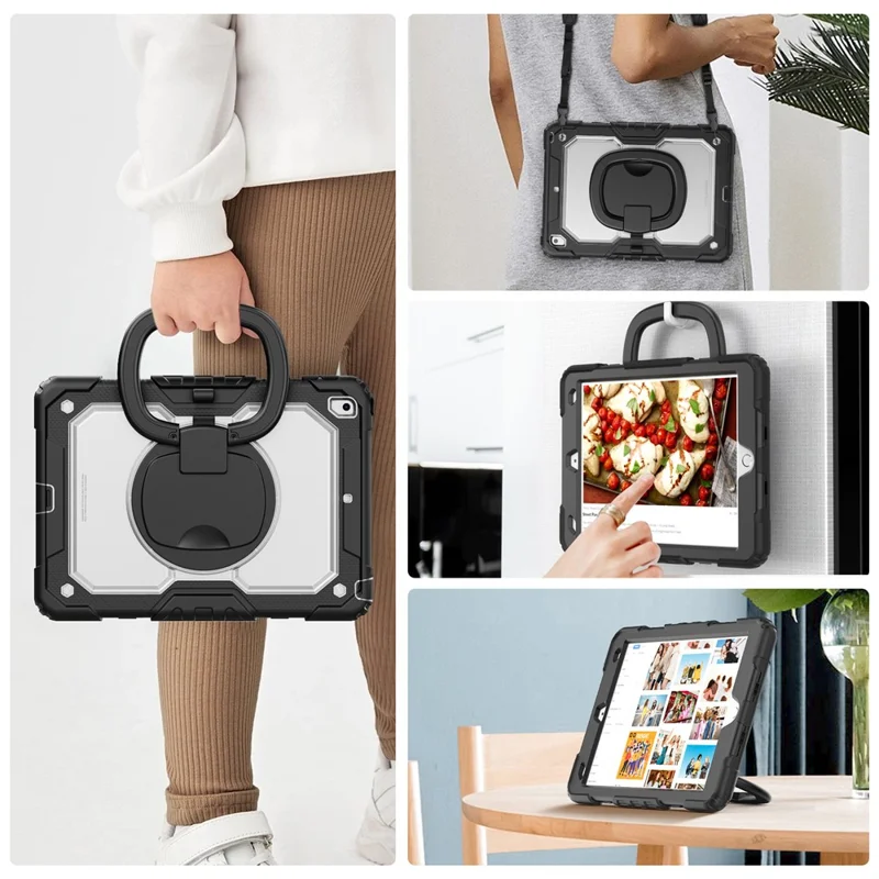 For iPad 10.2 (2021) / (2019) / (2020) Kickstand Case PC + Silicone Tablet Cover with Shoulder Strap