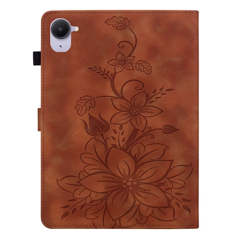 For Xiaomi Redmi K Pad Case Lily Flower Imprint Card Slots Leather Tablet Cover - Brown