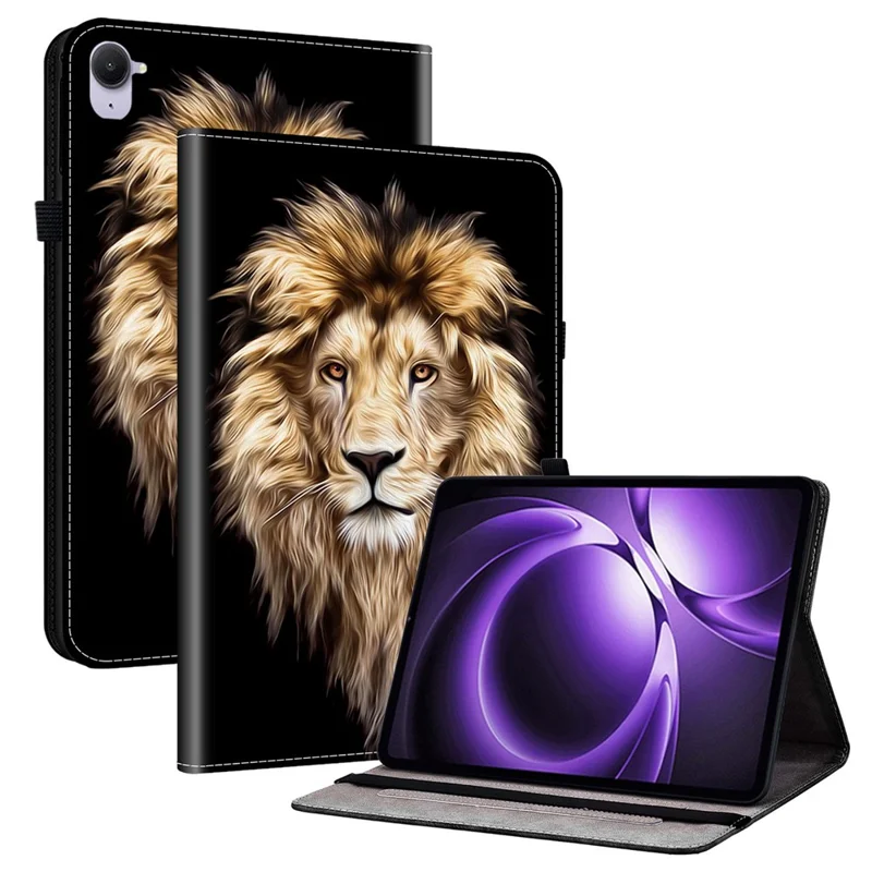 For Xiaomi Redmi K Pad Leather Case Pattern Printed Stand Tablet Cover with Card Slots - Lion Head