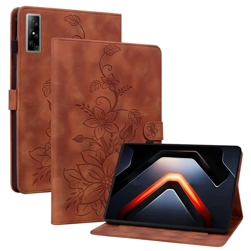 For Infinix Xpad GT Case Lily Flower Imprint Card Slots Leather Tablet Cover - Brown