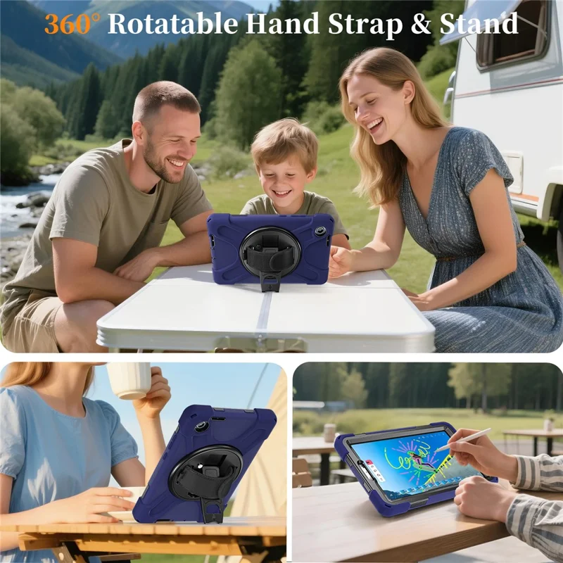 For Lenovo Tab K9 / Tab One Kickstand Case TPU PC Silicone Tablet Cover with Shoulder Strap - Navy Blue