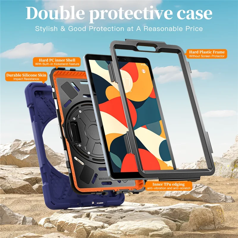 For Lenovo Tab K9 / Tab One Kickstand Case TPU PC Silicone Tablet Cover with Shoulder Strap - Navy Blue