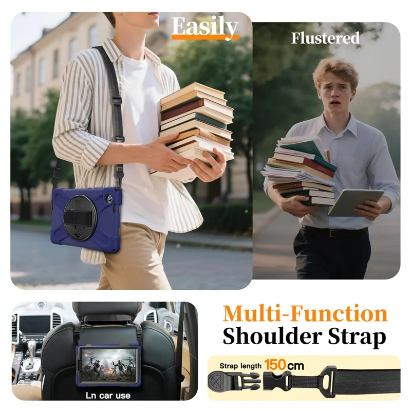 For Lenovo Tab K9 / Tab One Kickstand Case TPU PC Silicone Tablet Cover with Shoulder Strap - Navy Blue