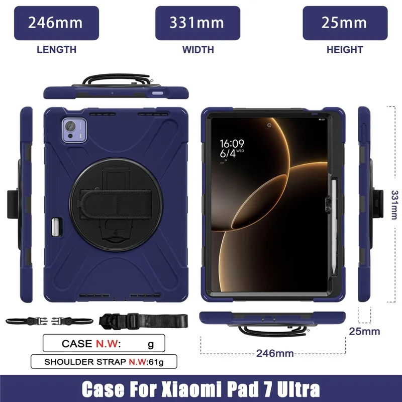 For Xiaomi Pad 7 Ultra Kickstand Case TPU PC Silicone Tablet Cover with Shoulder Strap - Navy Blue
