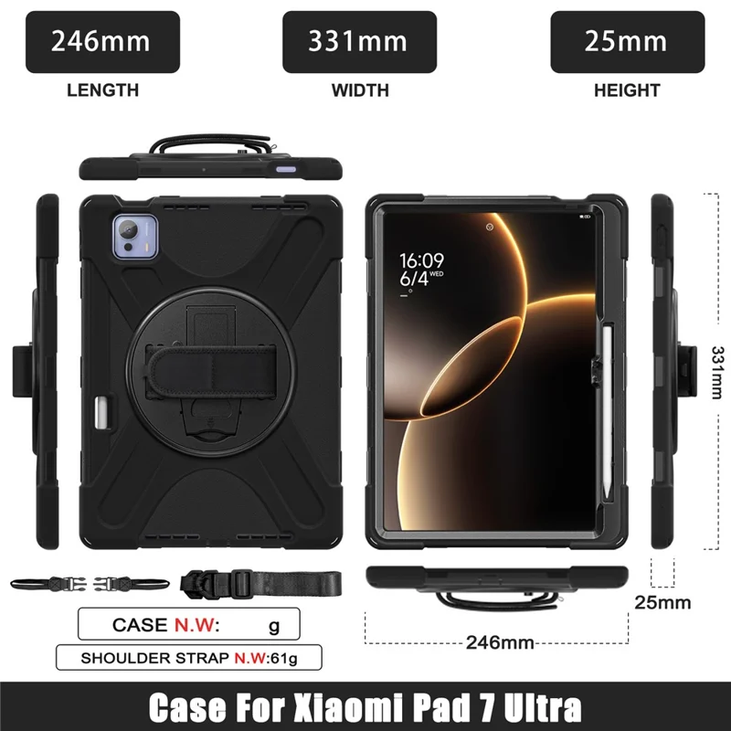 For Xiaomi Pad 7 Ultra Kickstand Case TPU PC Silicone Tablet Cover with Shoulder Strap - Black