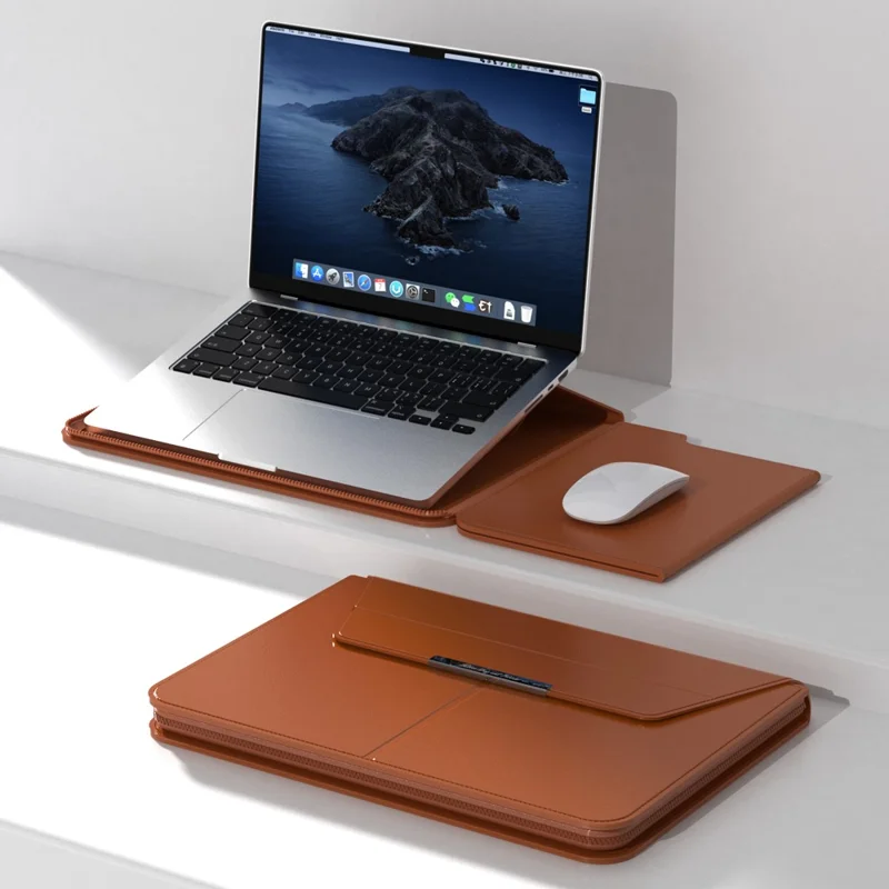 Custodia per laptop da 15 - 15,6 pollici con supporto, in pelle PU, cover protettiva staccabile - Marrone