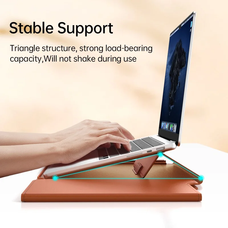Custodia per laptop da 15 - 15,6 pollici con supporto, in pelle PU, cover protettiva staccabile - Marrone