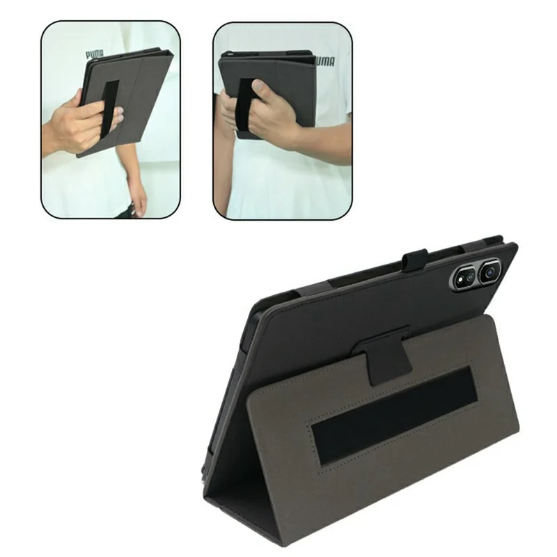 For Blackview Tab 60 Pro Case Stand PU Leather Tablet Cover Built-in Hand Strap - Black