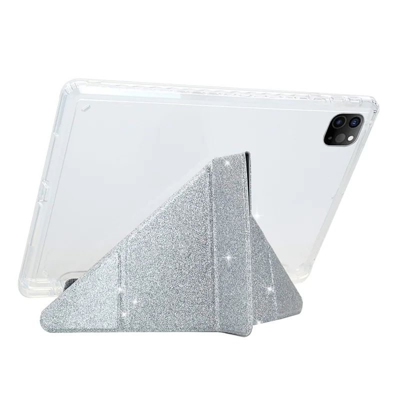 Tablet Case For iPad Pro 12.9 (2022)  /  (2021)  /  (2020)  /  (2018) Y-Fold Stand Glitter Leather TPU Acrylic Clear Cover - Silver