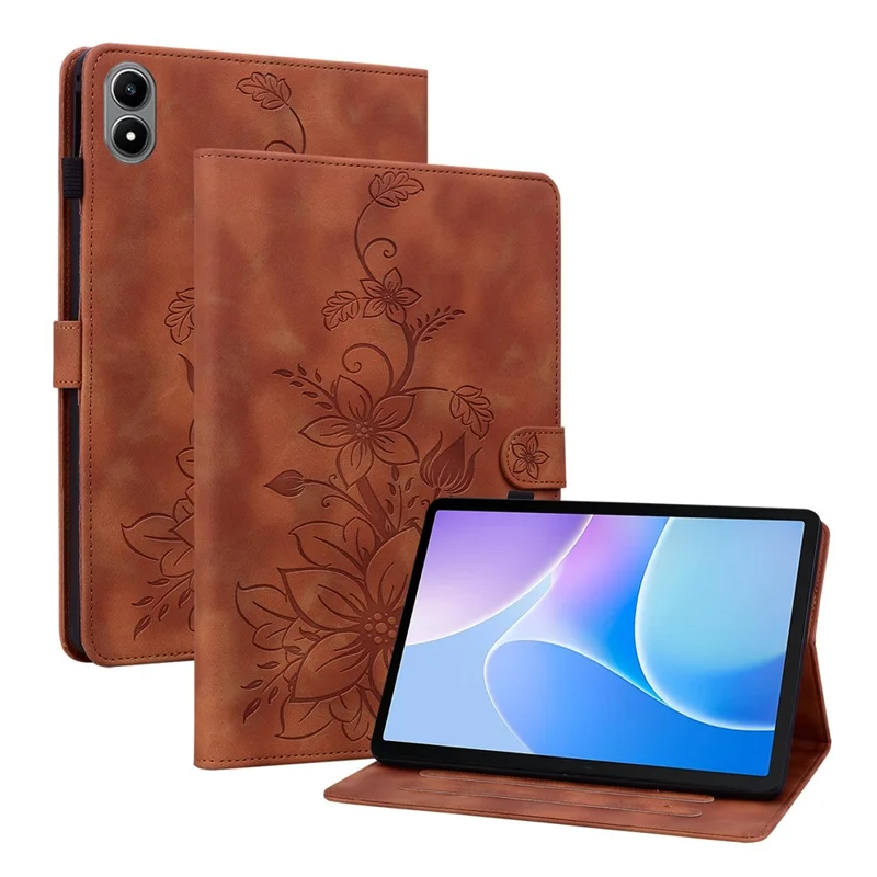 Funda para Tablet Infinix Xpad 20 con Estampado de Flor de Lis, Ranuras para Tarjetas y Cubierta de Cuero - Marrón